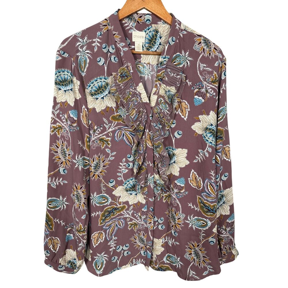 Chico's Blouse Women's 4 XXL Jacobean Bouquet Floral Pleated Ruffle‎ Long Sleeve